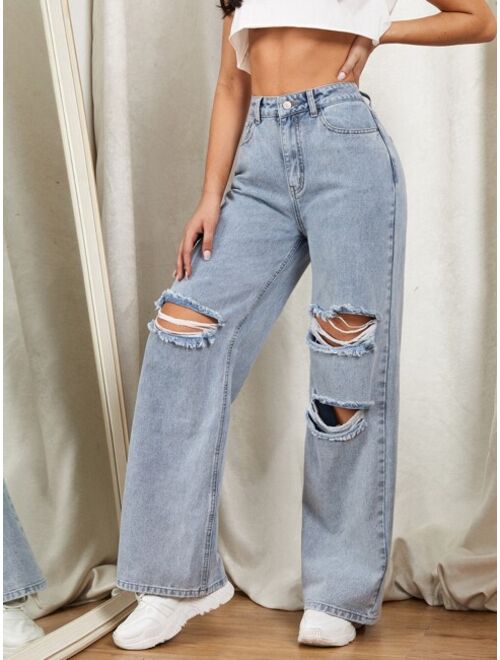 Shein Zipper Fly Ripped Detail Wide Leg Jeans