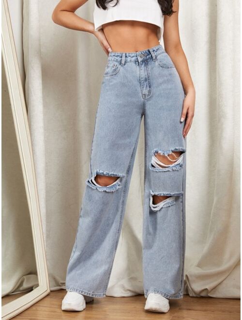 Shein Zipper Fly Ripped Detail Wide Leg Jeans