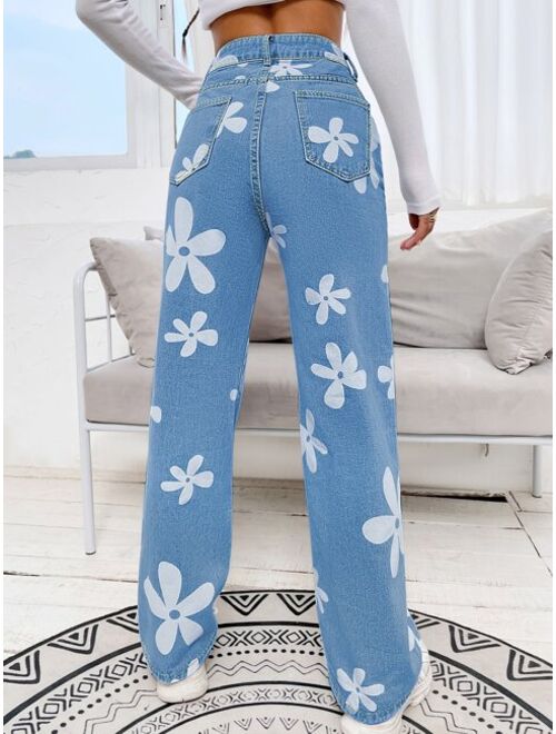 Shein Floral Print High Waist Straight Leg Jeans
