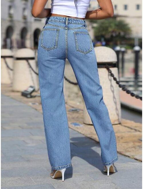 Shein Rhinestone Detail Straight Leg Jeans