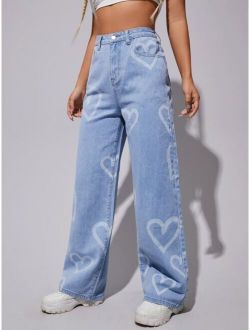 High Waist Heart Print Wide Leg Jeans