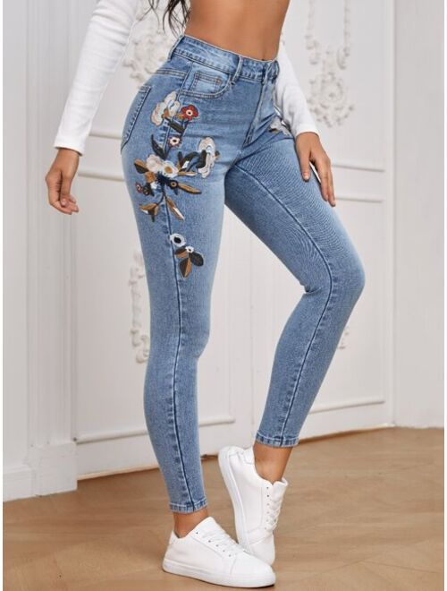Shein Floral Embroidery Skinny Jeans