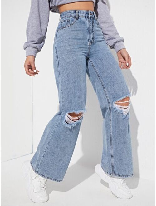 Shein High Waisted Ripped Light Wash Jeans