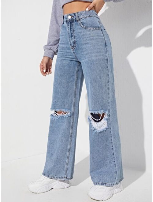 Shein High Waisted Ripped Light Wash Jeans