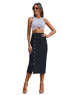 Women's High Rise Button Front Jean Skirt Split Hem Solid Long Denim Pencil Skirts