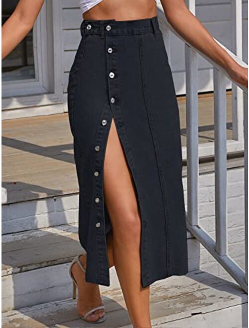 SweatyRocks Women's High Rise Button Front Jean Skirt Split Hem Solid Long Denim Pencil Skirts