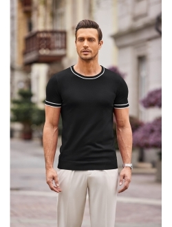 Men Knit Casual T Shirts Crewneck Short Sleeve Tops Slim Fit Tshirt Stretch Tee