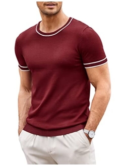 Men Knit Casual T Shirts Crewneck Short Sleeve Tops Slim Fit Tshirt Stretch Tee