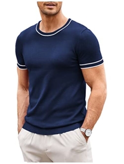 Men Knit Casual T Shirts Crewneck Short Sleeve Tops Slim Fit Tshirt Stretch Tee