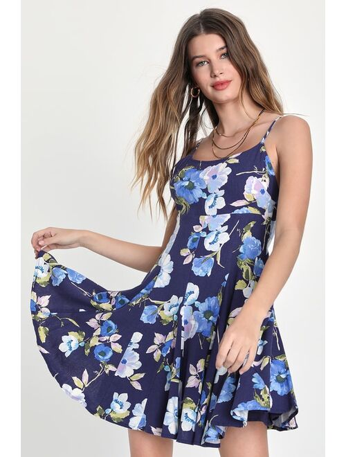 Lulus Adorable Sweetness Navy Blue Floral Print Linen Mini Dress