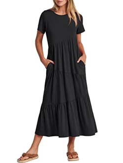 Women's Summer Casual Short Sleeve Crewneck Swing Dress Casual Flowy Tiered Maxi Beach Dress with Pockets