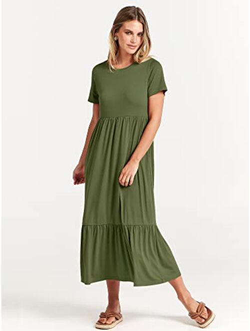 ANRABESS Women's Summer Casual Short Sleeve Crewneck Swing Dress Casual Flowy Tiered Maxi Beach Dress with Pockets
