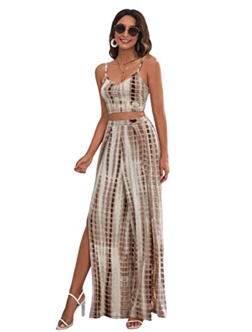 SheIn Women's Two Pieces Outfit Tie Dye Halter Crop Top and Criss Cross Split Thigh Maxi Skirt