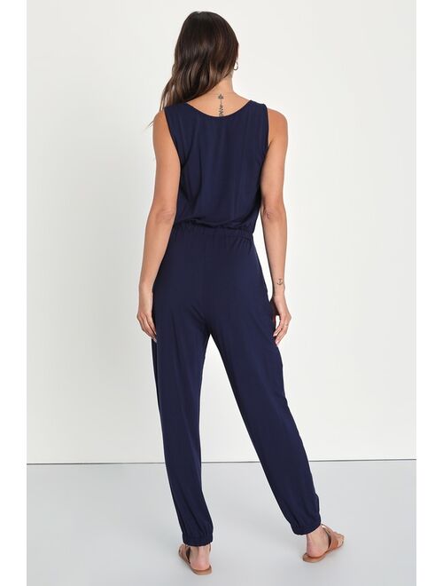 Lulus Positively Comfy Navy Blue Sleeveless Drawstring Lounge Jumpsuit