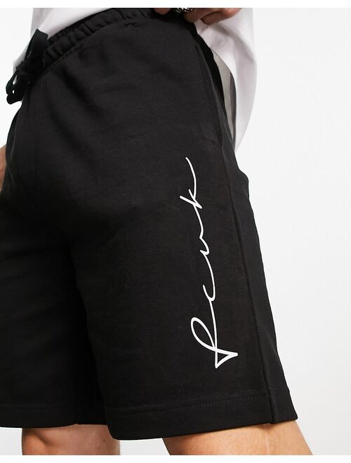 French Connection FCUK script logo jersey shorts in black