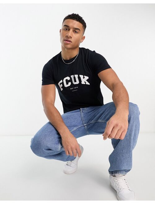 French Connection FCUK varsity faded logo T-shirt in dark navy