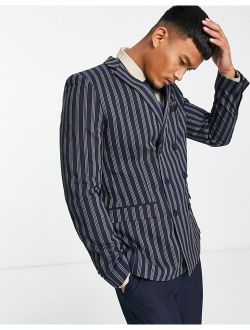 double breasted pinstripe blazer in navy