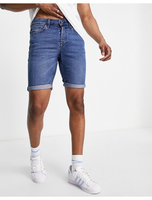 Only & Sons slim fit denim shorts in mid blue