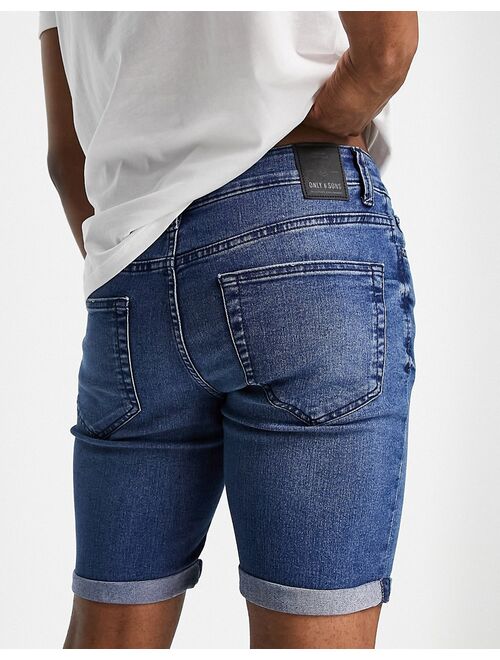 Only & Sons slim fit denim shorts in mid blue