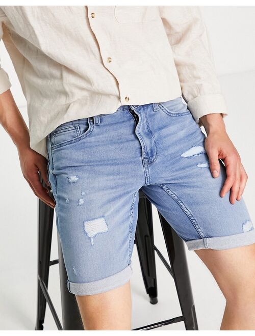 Only & Sons denim shorts in slim fit with distressing in light wash