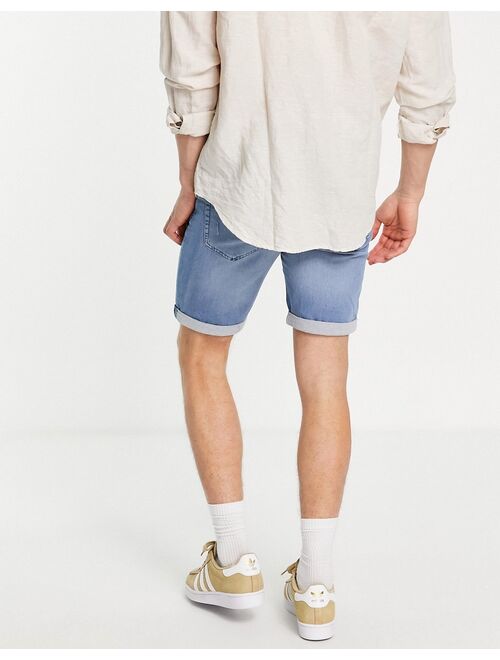 Only & Sons denim shorts in slim fit with distressing in light wash