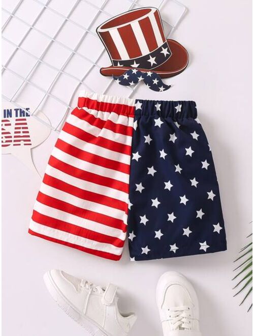 SHEIN Toddler Boys Americana Print Knot Front Shorts