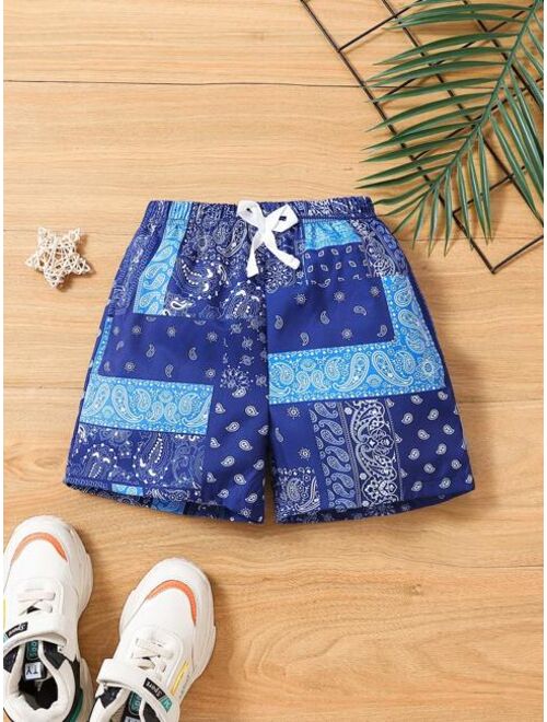 SHEIN Toddler Boys Paisley Scarf Print Knot Front Shorts