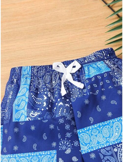 SHEIN Toddler Boys Paisley Scarf Print Knot Front Shorts
