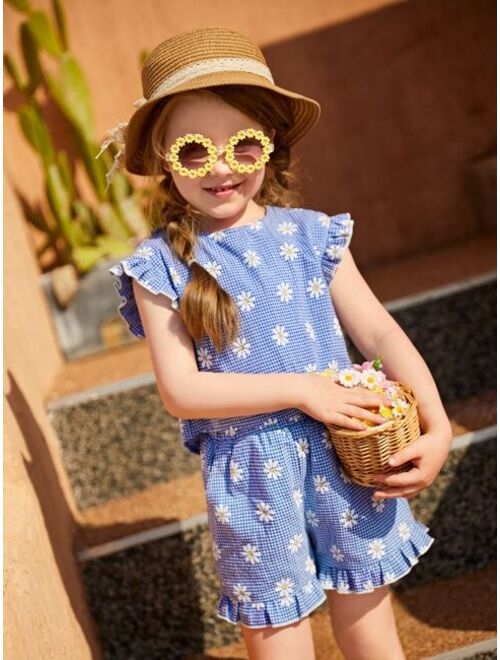 SHEIN Toddler Girls Gingham & Daisy Floral Print Ruffle Trim Top & Shorts