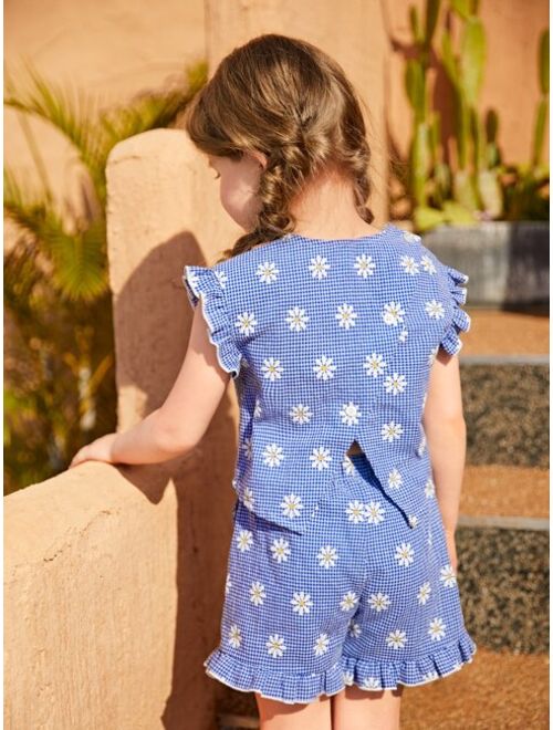 SHEIN Toddler Girls Gingham & Daisy Floral Print Ruffle Trim Top & Shorts
