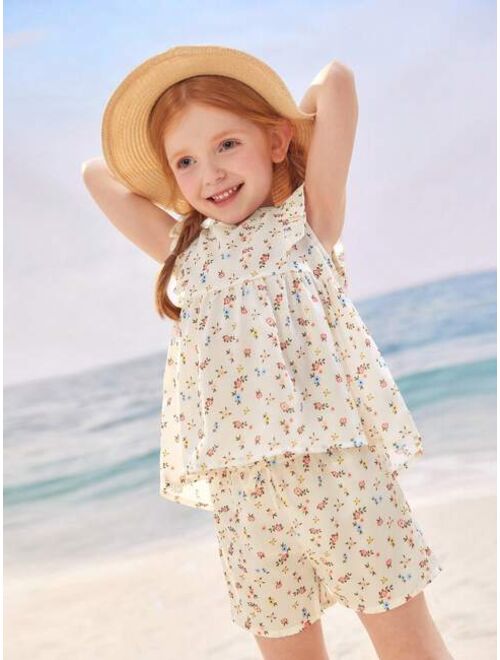 Shein Toddler Girls Ditsy Floral Print Ruffle Trim Peplum Top & Bow Front Shorts