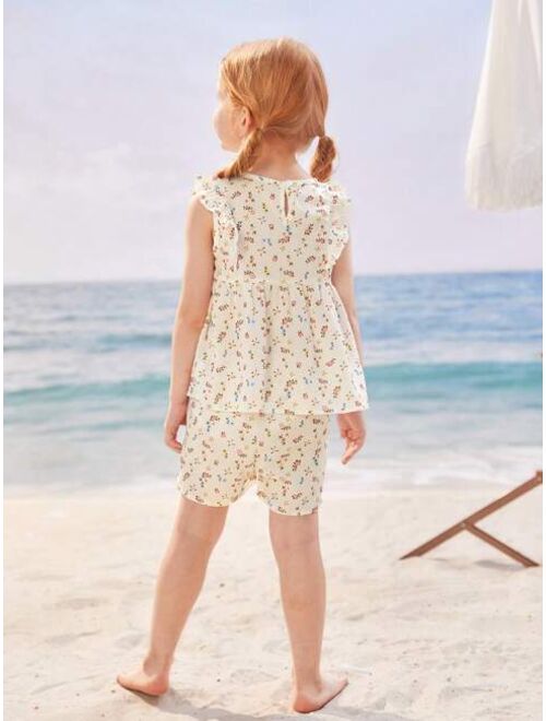 Shein Toddler Girls Ditsy Floral Print Ruffle Trim Peplum Top & Bow Front Shorts