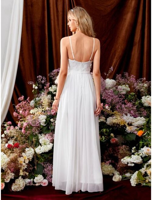 SHEIN Belle Appliques Leaf Embroidery Mesh Insert Split Thigh Chiffon Wedding Dress Without Veil