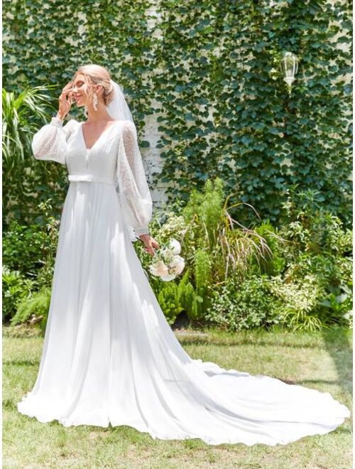 SHEIN Belle Contrast Mesh V-neck Lantern Sleeve Chiffon Wedding Dress Without Veil