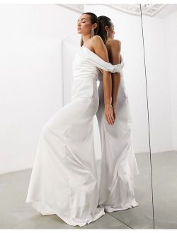 ASOS EDITION Larisa satin draped shoulder bodice wedding dress with fishtail in ivory