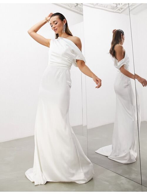 ASOS EDITION Larisa satin draped shoulder bodice wedding dress with fishtail in ivory