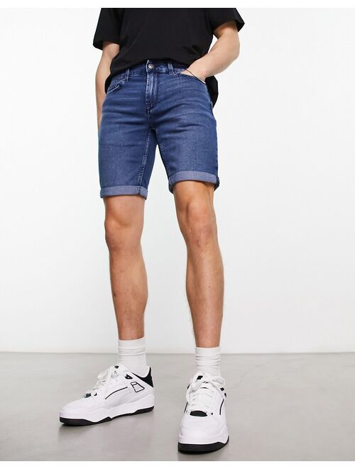 Only & Sons slim denim shorts in mid blue