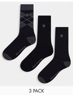 3 pack socks in charcoal argyle print