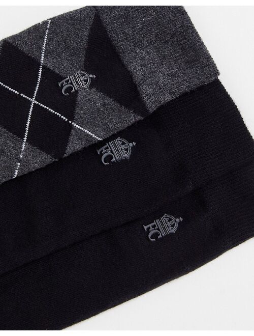French Connection 3 pack socks in charcoal argyle print