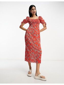 square neck puff sleeve plisse midi dress in red daisy