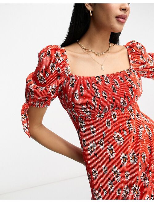 ASOS DESIGN square neck puff sleeve plisse midi dress in red daisy