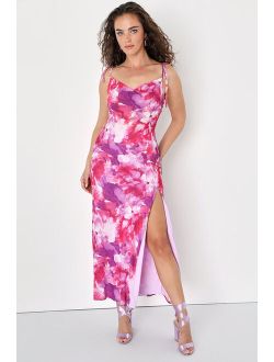 Positively Serene Magenta Floral Cowl Neck Tie-Strap Maxi Dress