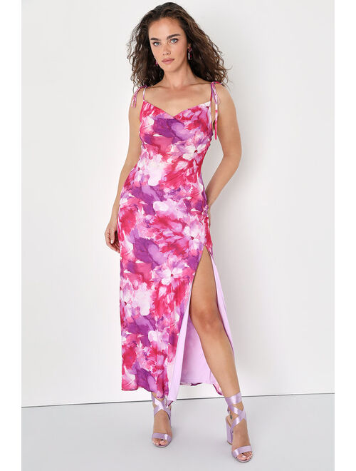 Lulus Positively Serene Magenta Floral Cowl Neck Tie-Strap Maxi Dress