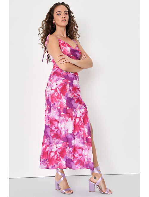 Lulus Positively Serene Magenta Floral Cowl Neck Tie-Strap Maxi Dress