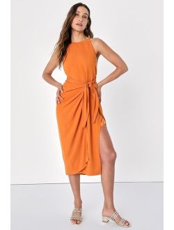 Malaga Moment Rust Orange Halter Faux Wrap Midi Dress
