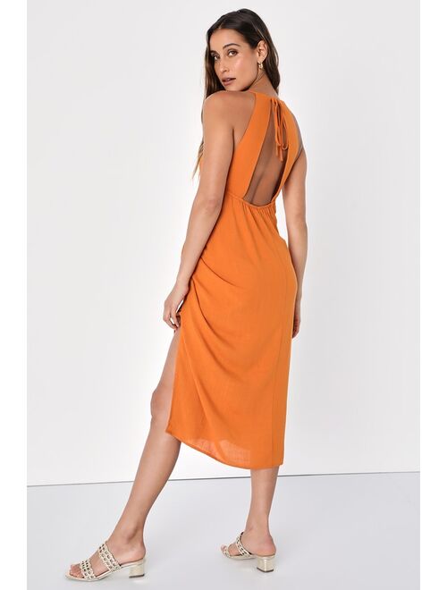 Lulus Malaga Moment Rust Orange Halter Faux Wrap Midi Dress