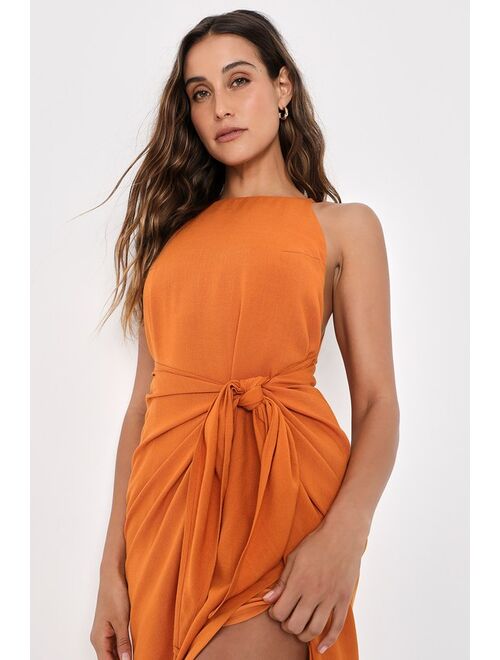 Lulus Malaga Moment Rust Orange Halter Faux Wrap Midi Dress