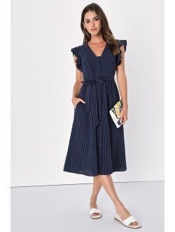 Charming Poise Navy Striped Button-Up Midi Dress With Pockets