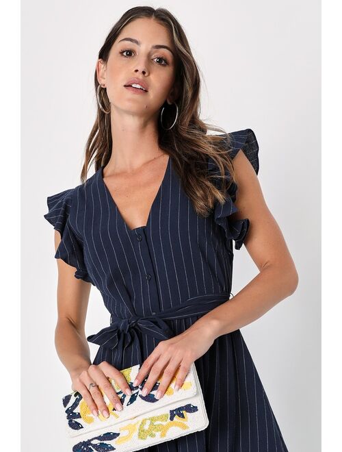 Lulus Charming Poise Navy Striped Button-Up Midi Dress With Pockets