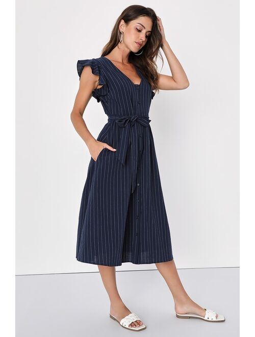 Lulus Charming Poise Navy Striped Button-Up Midi Dress With Pockets